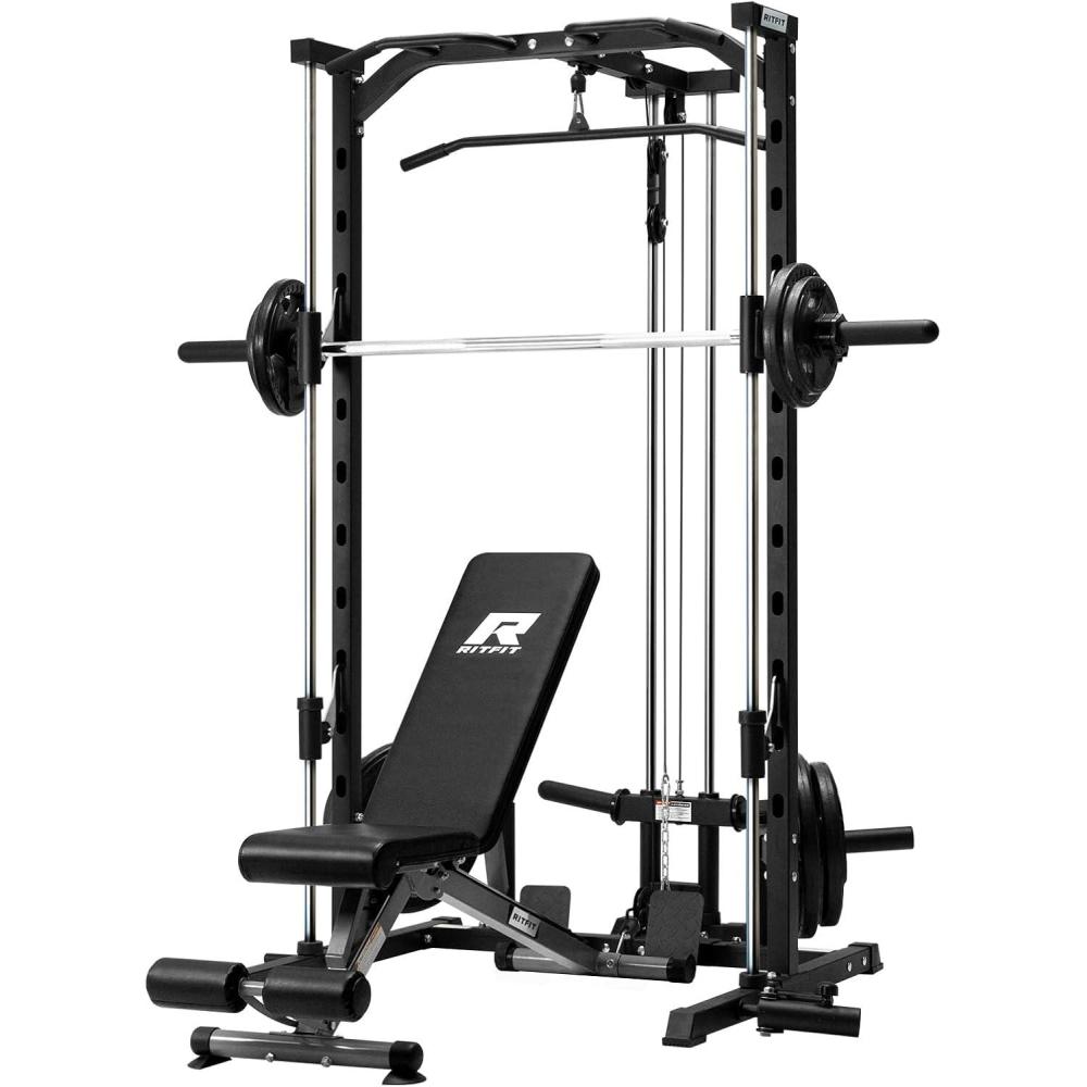 imageRitFit Smith Machine Power Rack with LATPull Down System Landmine Barbell Bar Plate Storage Pegs and More Training AttachmentPackage With RP 230LBS