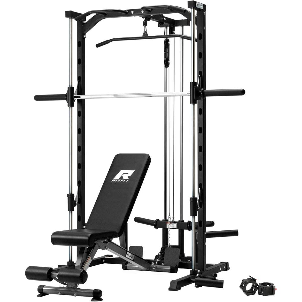 imageRitFit Smith Machine Power Rack with LATPull Down System Landmine Barbell Bar Plate Storage Pegs and More Training AttachmentSmith Machine with Weight Bench