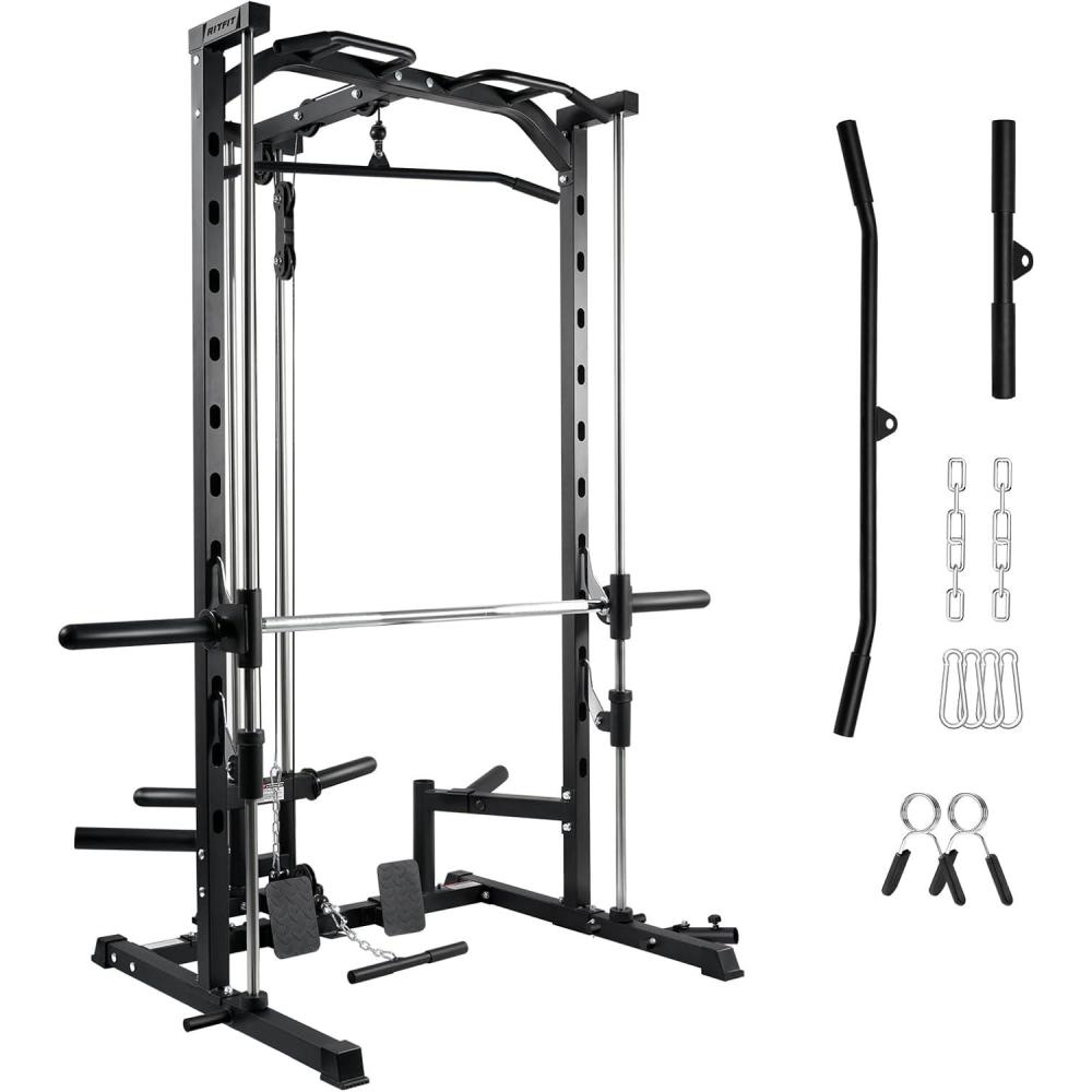 imageRitFit Smith Machine Power Rack with LATPull Down System Landmine Barbell Bar Plate Storage Pegs and More Training Attachmentsmith machine