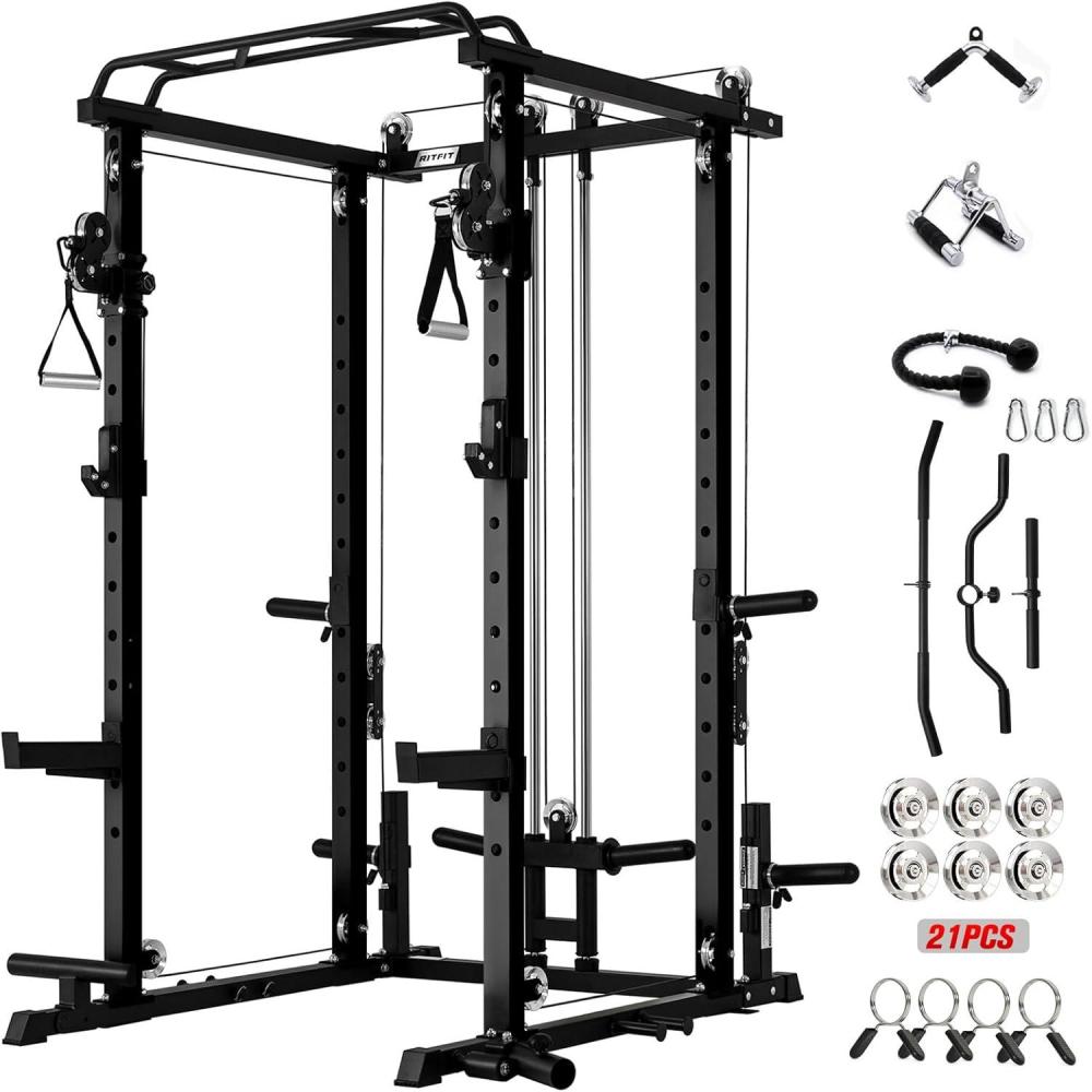 imageRitFit Upgraded PPCP3 Power Cage 3in1 Home Gym with Aluminum Pulley System 1200LBS Capacity Includes LAT Pulldown Landmine JHooks amp 20 Attachments Fits Compact Spaces Black RedBlack