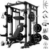 RitFit Smith Machine Power Cage with LAT Pulldown & Cable Crossover, All-in-One Power Rack Home Gym System with Leg Press Attachment & Accessories(Black)