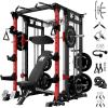 RitFit Smith Machine Power Cage with LAT Pulldown & Cable Crossover, All-in-One Power Rack Home Gym System with Leg Press Attachment & Accessories(Red)