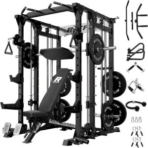 RitFit Buffalo Smith Machine, Power cage with LAT-Pull Down System & Cable Crossover System, All-in-One Squat Rack for Home Gym, Power Rack(Black)