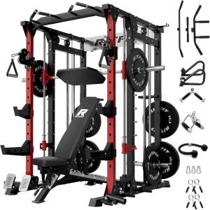 RitFit Buffalo Smith Machine, Power cage with LAT-Pull Down System & Cable Crossover System, All-in-One Squat Rack for Home Gym, Power Rack(Red&Black)
