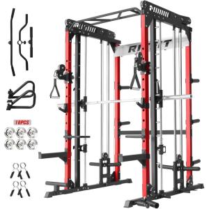 RitFit M1 Pro Smith Machine Package, All-in-One Power Cage with Weight Stack Set, Includes LAT Pulldown & Cable Crossover System for Home Gyme(Red)