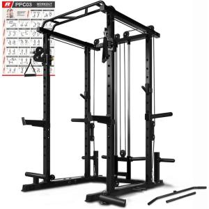 RitFit Multi-Function Power Cage with Adjustable Cable Crossover System,1000LBS Capacity Squat Rack, Full Home Gym Workout with J-Hook, Landmine and Other Attachments (2023 Version PPC03)-Black