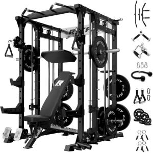 RitFit Smith Machine Power Cage with LAT Pulldown & Cable Crossover, All-in-One Power Rack Home Gym System with Leg Press Attachment & Accessories(Black)