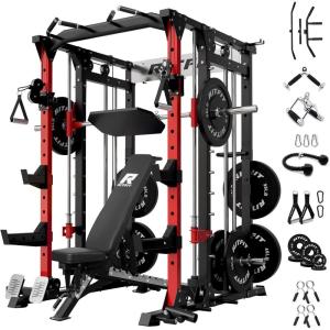RitFit Smith Machine Power Cage with LAT Pulldown & Cable Crossover, All-in-One Power Rack Home Gym System with Leg Press Attachment & Accessories(Red)