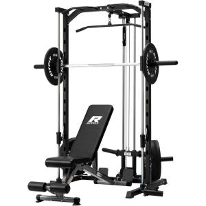 RitFit Smith Machine Power Rack with LAT-Pull Down System, Landmine, Barbell Bar, Plate Storage Pegs and More Training Attachment(Package (With Black BP 140LBS))