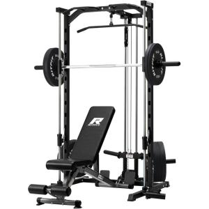 RitFit Smith Machine Power Rack with LAT-Pull Down System, Landmine, Barbell Bar, Plate Storage Pegs and More Training Attachment(Package (With Black BP 230LBS))