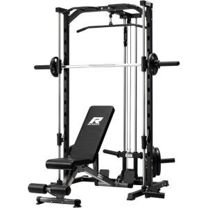 RitFit Smith Machine Power Rack with LAT-Pull Down System, Landmine, Barbell Bar, Plate Storage Pegs and More Training Attachment(Package (With RP 140LBS))