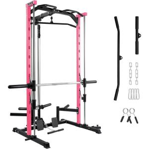 RitFit Smith Machine Power Rack with LAT-Pull Down System, Landmine, Barbell Bar, Plate Storage Pegs and More Training Attachment(Smith Machine (PINK))