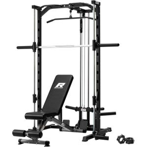 RitFit Smith Machine Power Rack with LAT-Pull Down System, Landmine, Barbell Bar, Plate Storage Pegs and More Training Attachment(Smith Machine with Weight Bench)