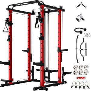 RitFit Upgraded PPC-P3 Power Cage, 3-in-1 Home Gym with Aluminum Pulley System, 1200LBS Capacity, Includes LAT Pulldown, Landmine, J-Hooks & 20+ Attachments, Fits Compact Spaces Black Red(Red)