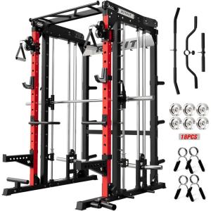 RitFit M2 Smith Machine with with Cable Crossover System, 3D Functional Trainer & Power Cage, 16 Adjustment Holes, 6 Storage Pegs for Full-Body Home Gym