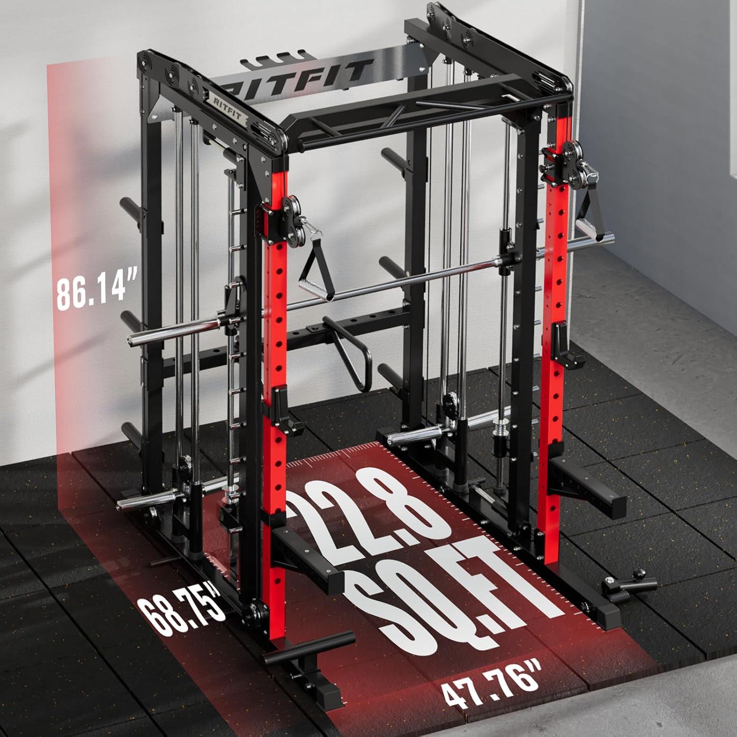 imageRitFit M2 Smith Machine with with Cable Crossover System 3D Functional Trainer amp Power Cage 16 Adjustment Holes 6 Storage Pegs for FullBody Home GymRED