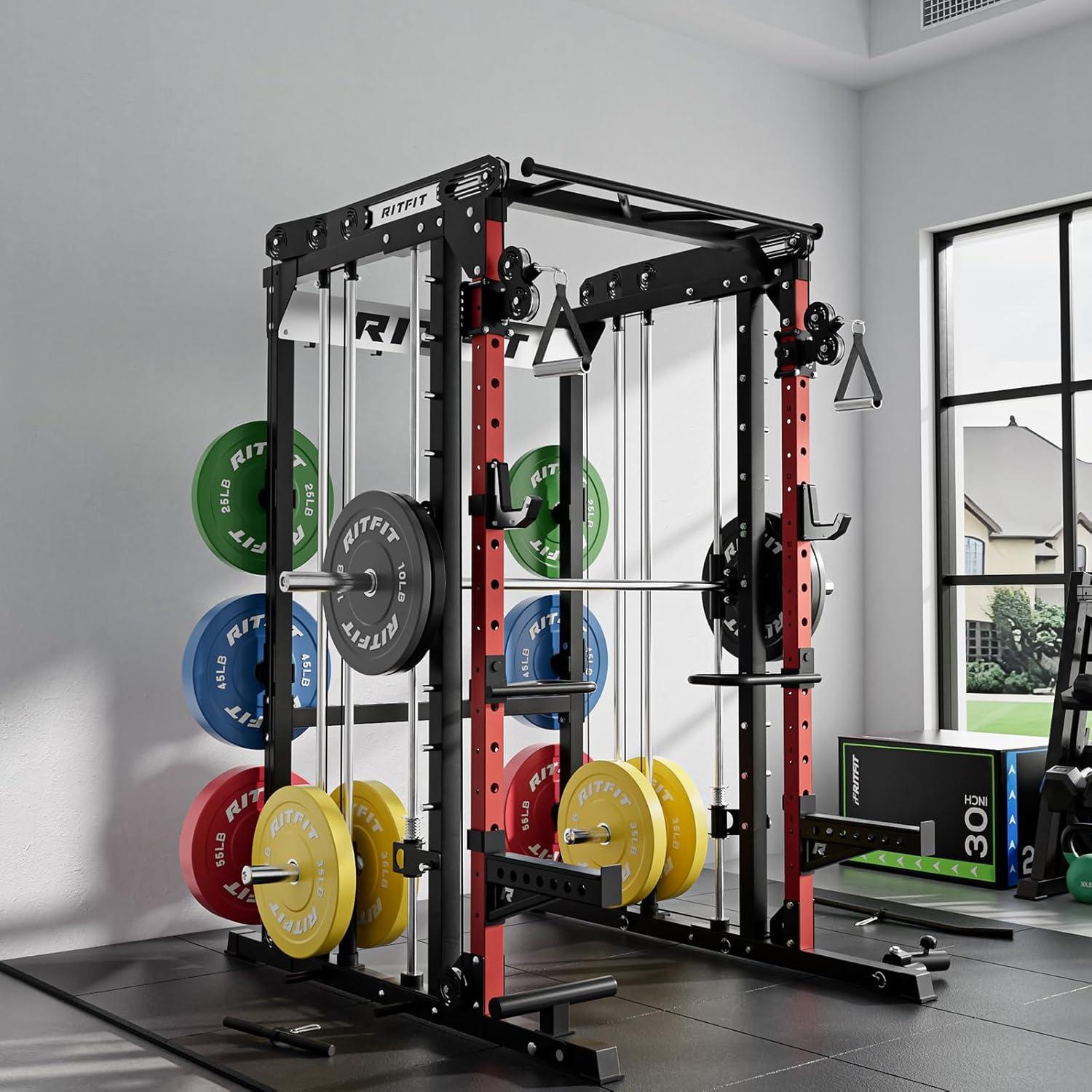 imageRitFit M2 Smith Machine with with Cable Crossover System 3D Functional Trainer amp Power Cage 16 Adjustment Holes 6 Storage Pegs for FullBody Home GymRED