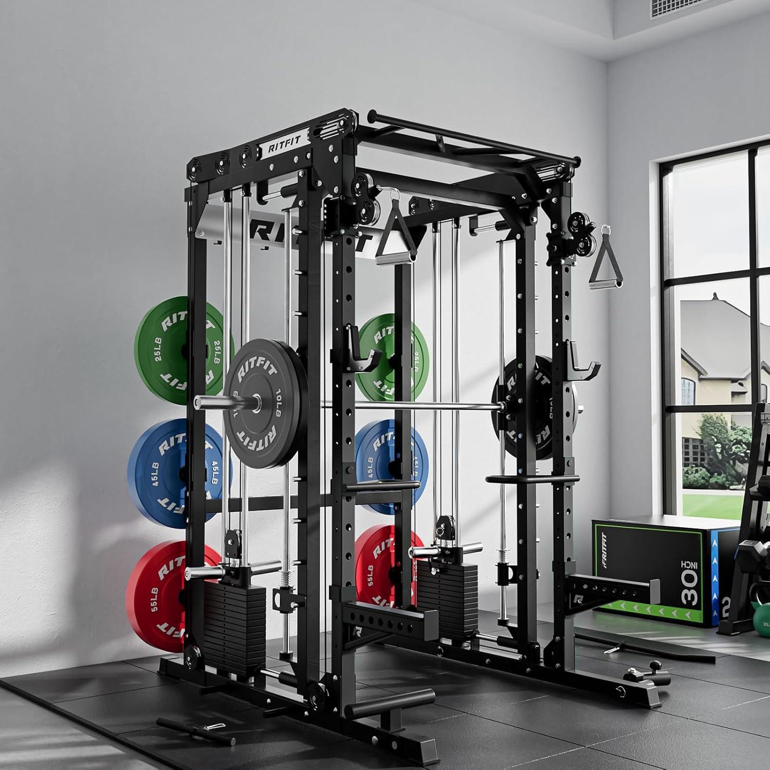 imageRitFit M2 Smith Machine with with Cable Crossover System 3D Functional Trainer amp Power Cage 16 Adjustment Holes 6 Storage Pegs for FullBody Home GymBLACK