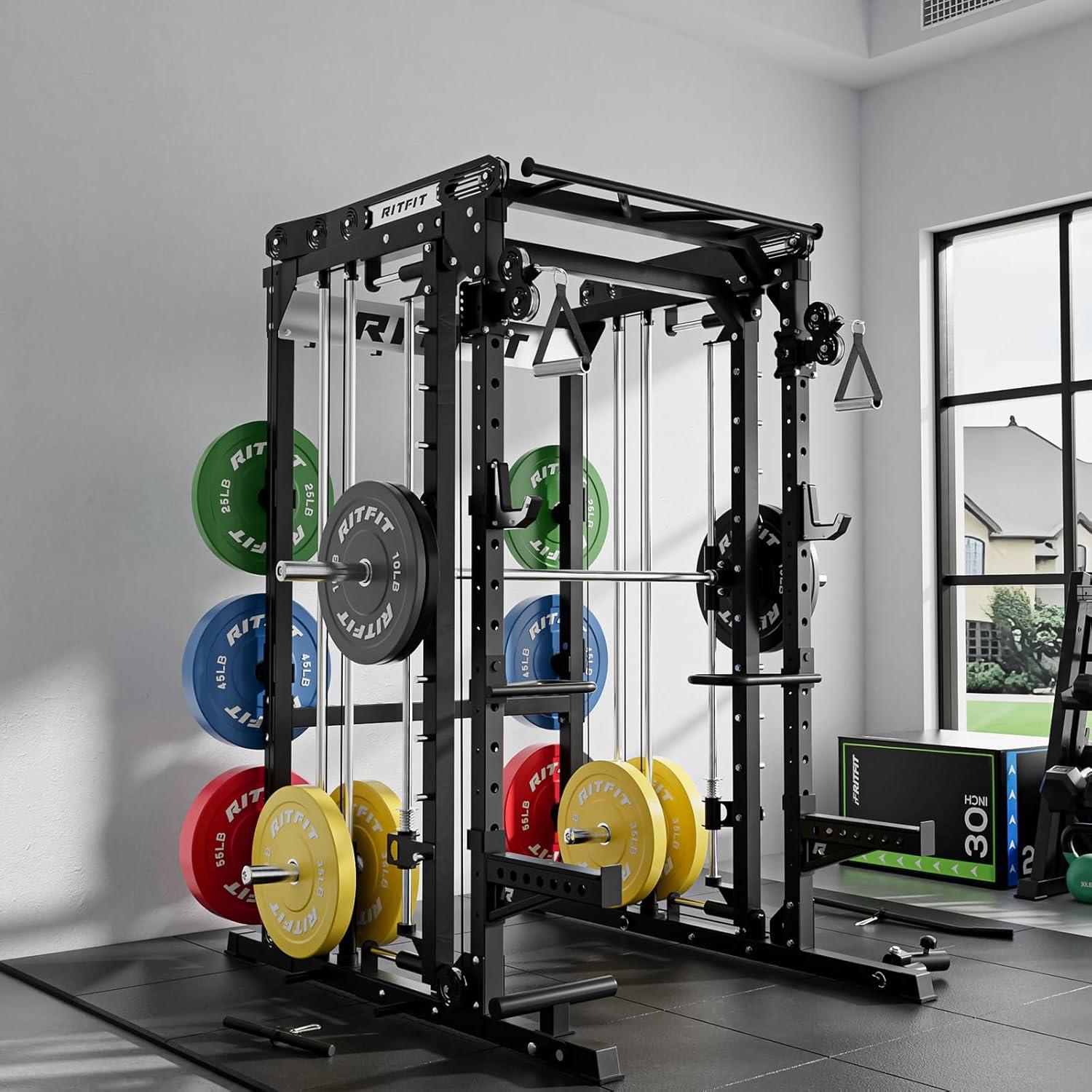 imageRitFit M2 Smith Machine with with Cable Crossover System 3D Functional Trainer amp Power Cage 16 Adjustment Holes 6 Storage Pegs for FullBody Home GymBLACK