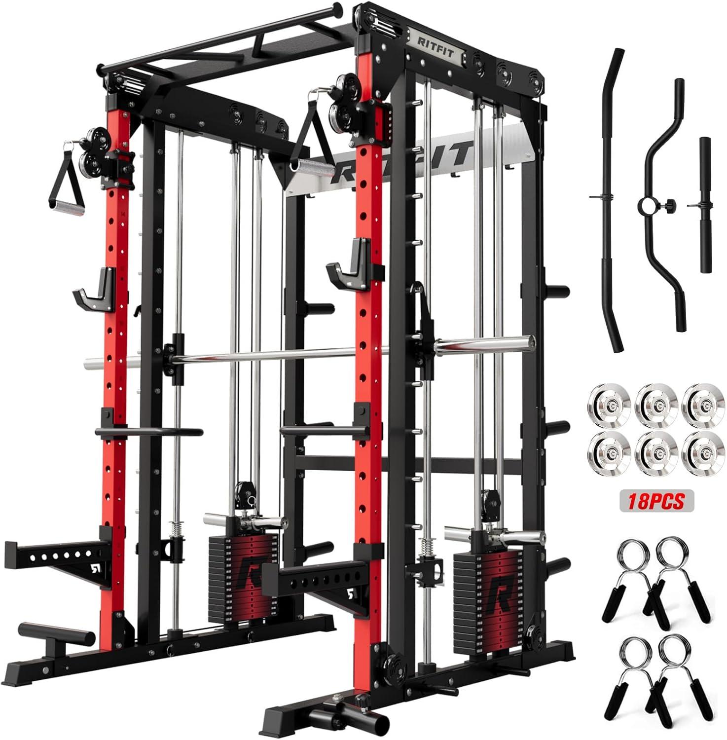 imageRitFit M2 Smith Machine with with Cable Crossover System 3D Functional Trainer amp Power Cage 16 Adjustment Holes 6 Storage Pegs for FullBody Home GymRED