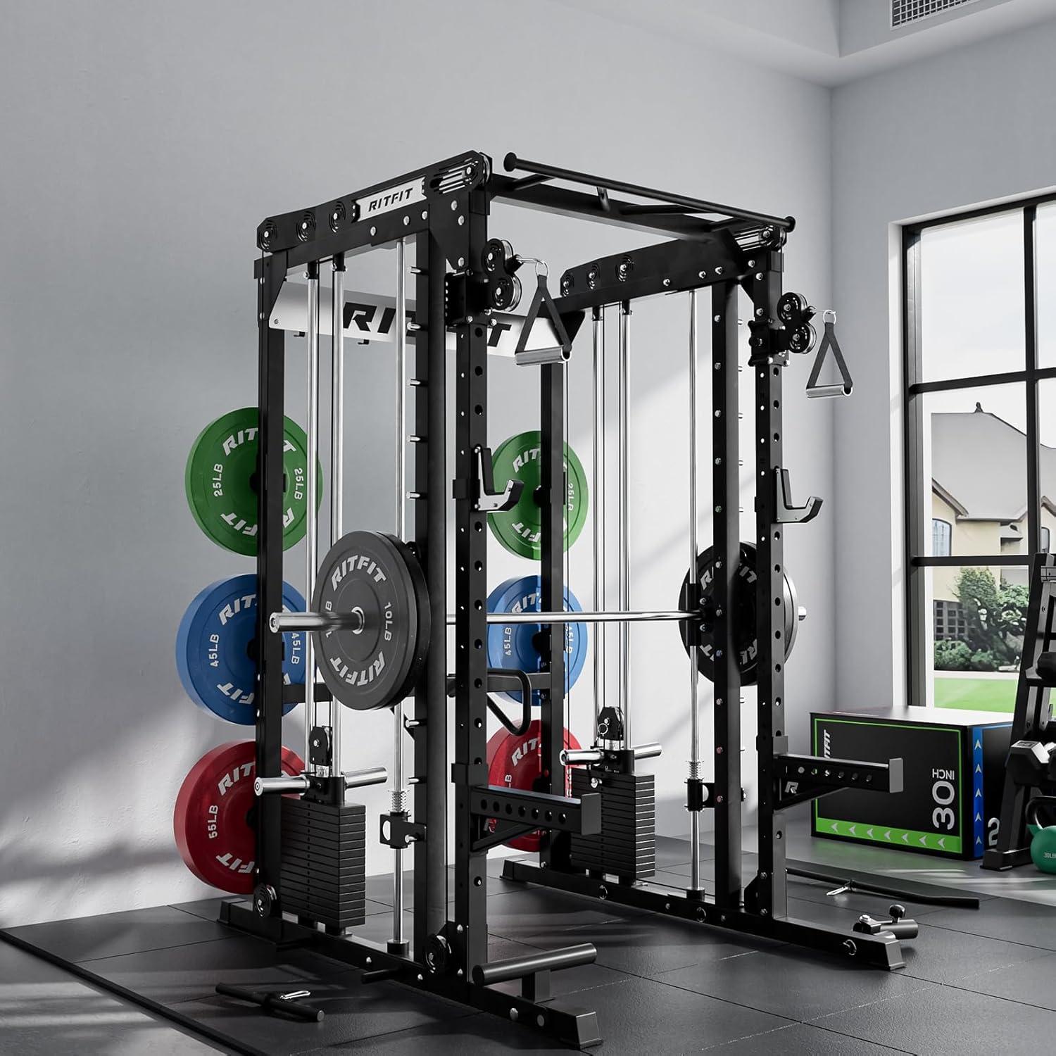 imageRitFit M2 Smith Machine with with Cable Crossover System 3D Functional Trainer amp Power Cage 16 Adjustment Holes 6 Storage Pegs for FullBody Home GymBLACK