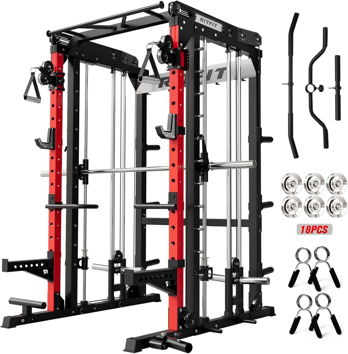 imageRitFit M2 Smith Machine with with Cable Crossover System 3D Functional Trainer amp Power Cage 16 Adjustment Holes 6 Storage Pegs for FullBody Home GymRED