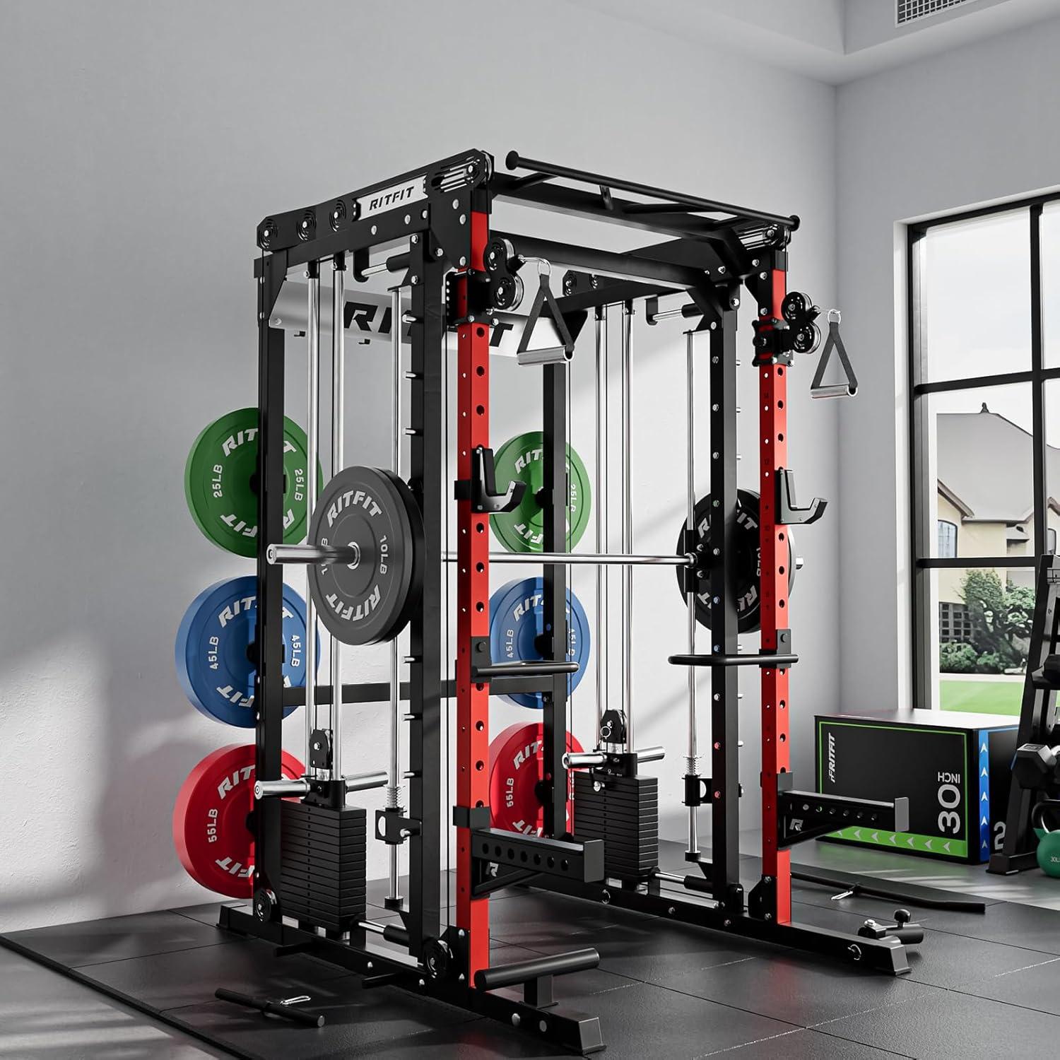 imageRitFit M2 Smith Machine with with Cable Crossover System 3D Functional Trainer amp Power Cage 16 Adjustment Holes 6 Storage Pegs for FullBody Home GymRED