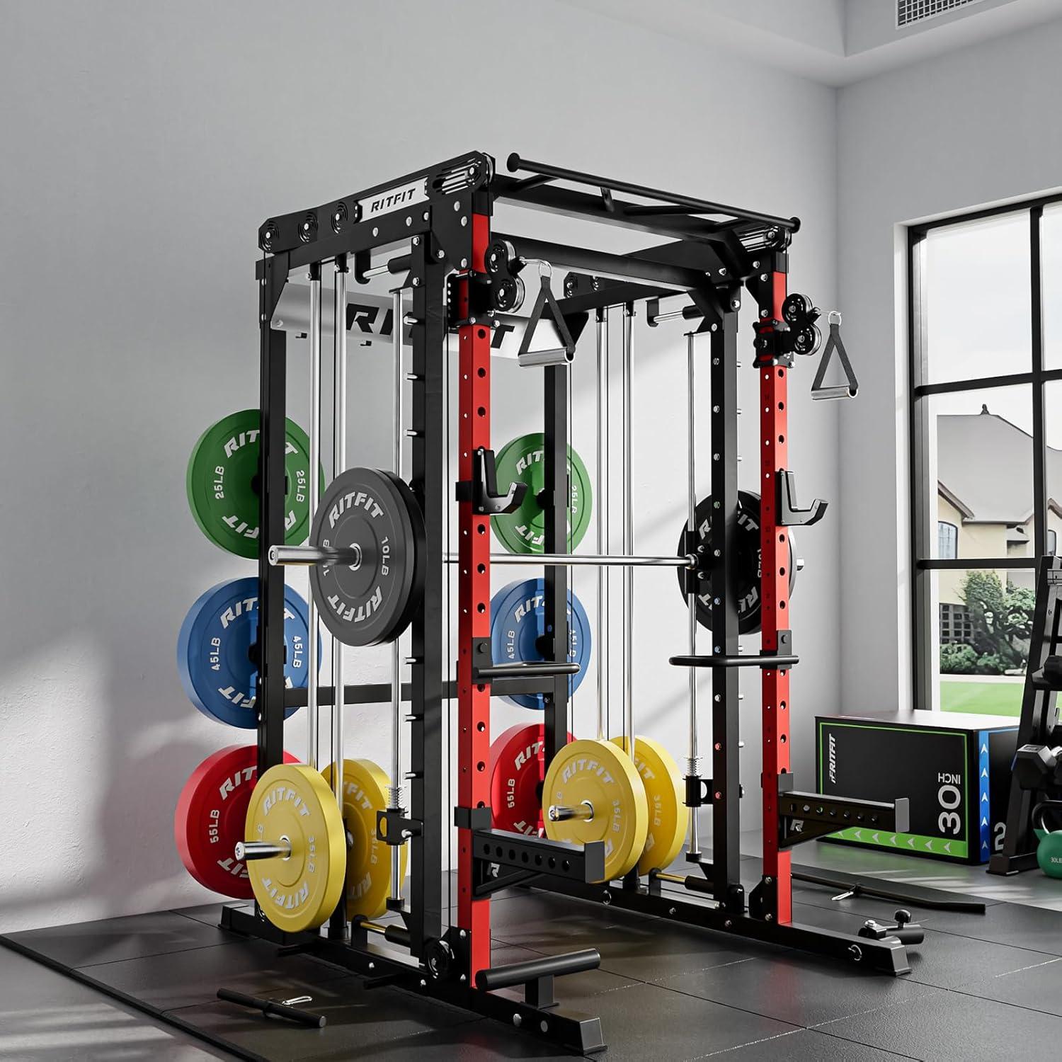 imageRitFit M2 Smith Machine with with Cable Crossover System 3D Functional Trainer amp Power Cage 16 Adjustment Holes 6 Storage Pegs for FullBody Home GymRED