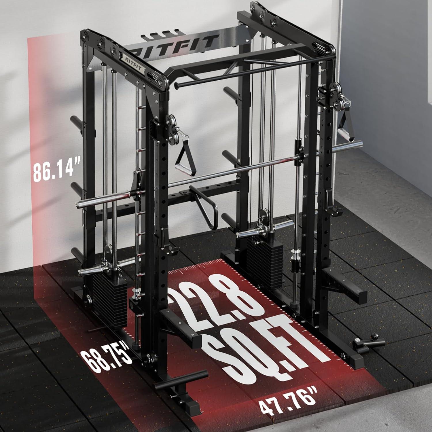 imageRitFit M2 Smith Machine with with Cable Crossover System 3D Functional Trainer amp Power Cage 16 Adjustment Holes 6 Storage Pegs for FullBody Home GymBLACK