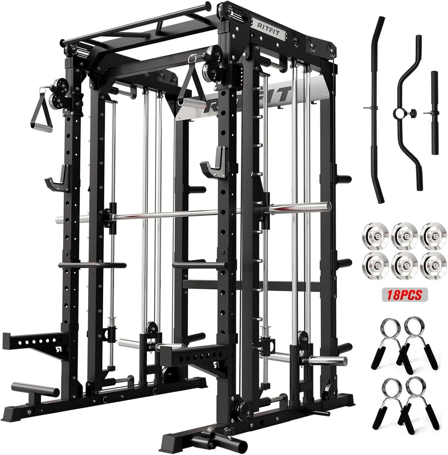 imageRitFit M2 Smith Machine with with Cable Crossover System 3D Functional Trainer amp Power Cage 16 Adjustment Holes 6 Storage Pegs for FullBody Home GymBLACK