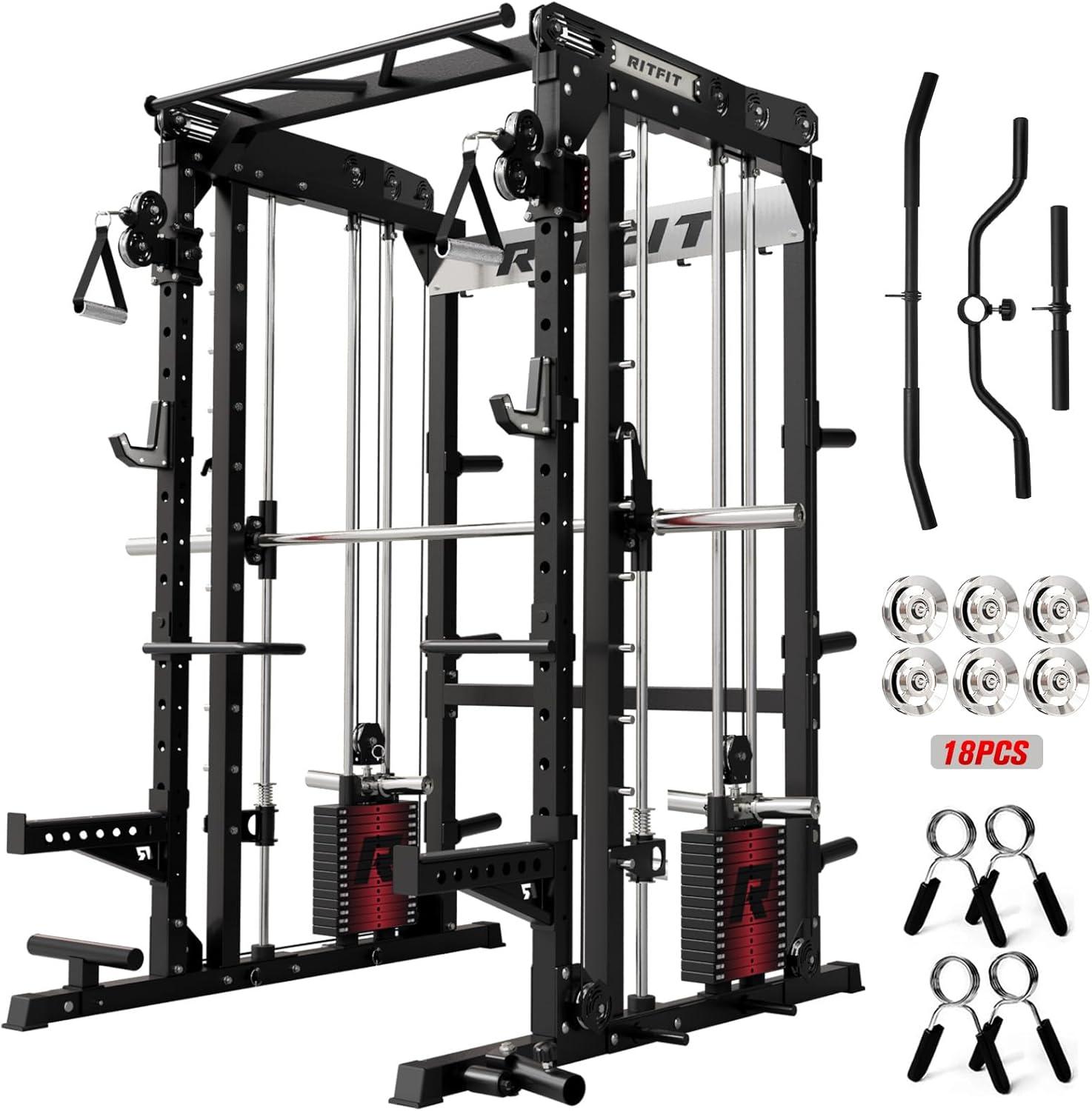 imageRitFit M2 Smith Machine with with Cable Crossover System 3D Functional Trainer amp Power Cage 16 Adjustment Holes 6 Storage Pegs for FullBody Home GymBLACK