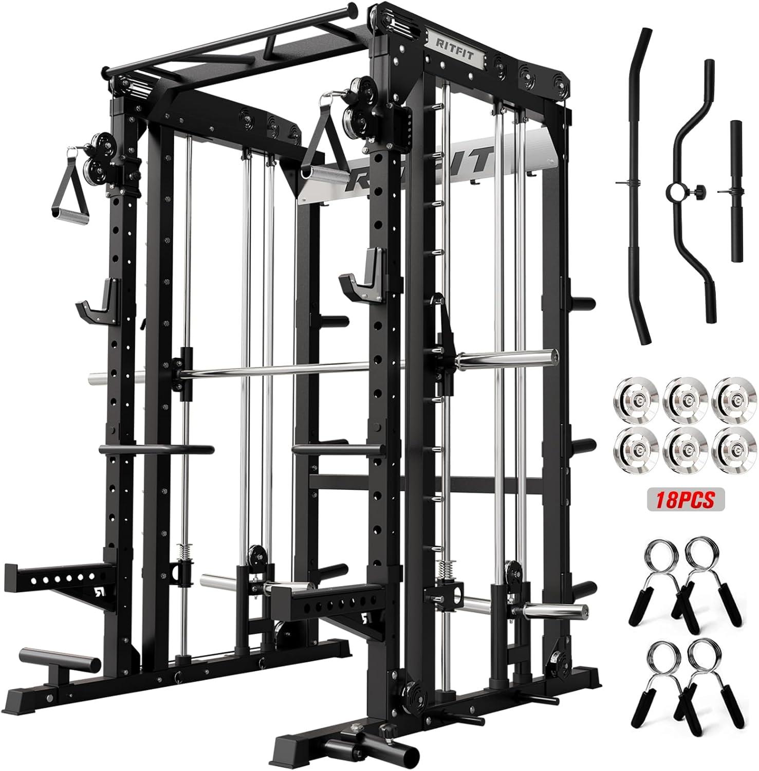 imageRitFit M2 Smith Machine with with Cable Crossover System 3D Functional Trainer amp Power Cage 16 Adjustment Holes 6 Storage Pegs for FullBody Home GymBLACK