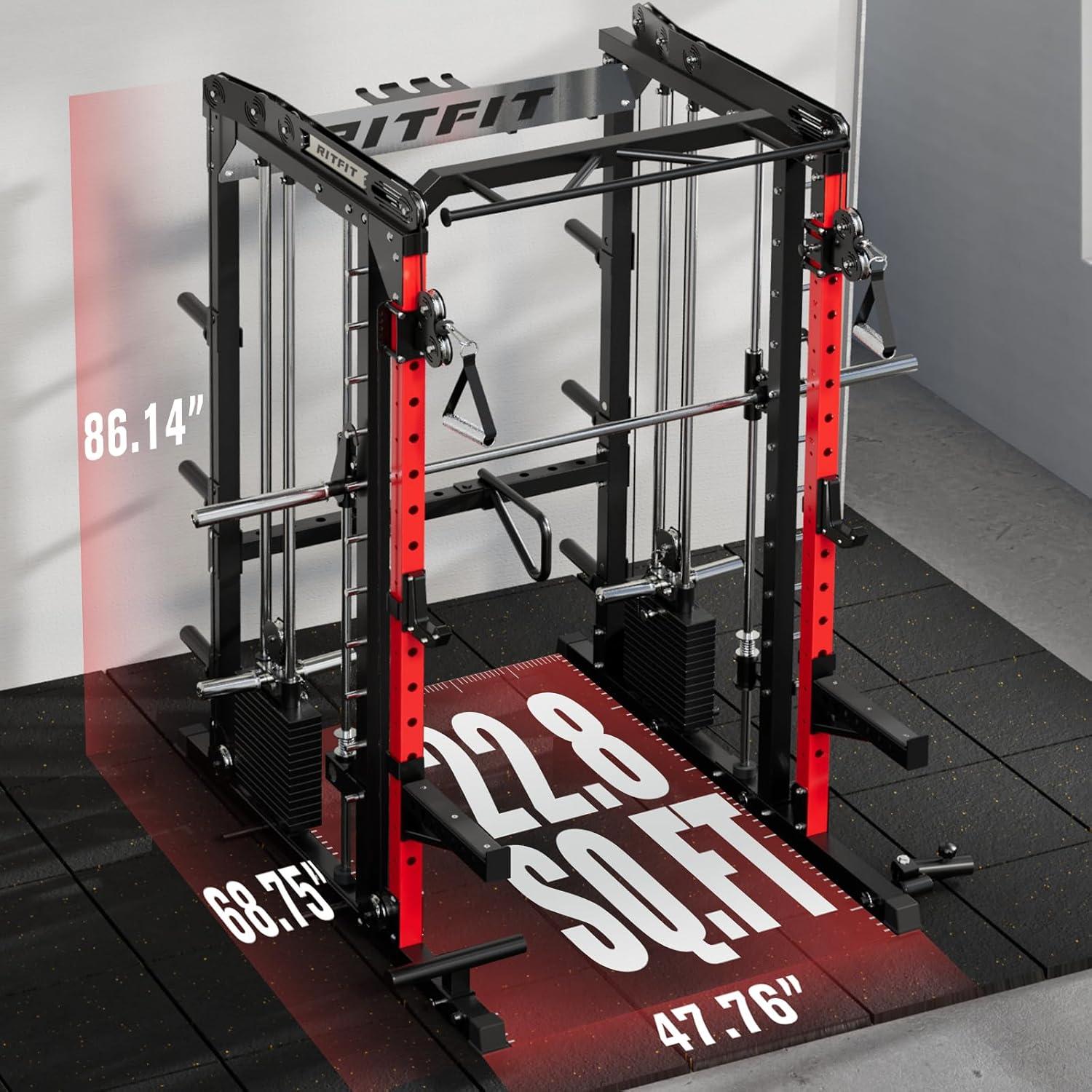 imageRitFit M2 Smith Machine with with Cable Crossover System 3D Functional Trainer amp Power Cage 16 Adjustment Holes 6 Storage Pegs for FullBody Home GymRED