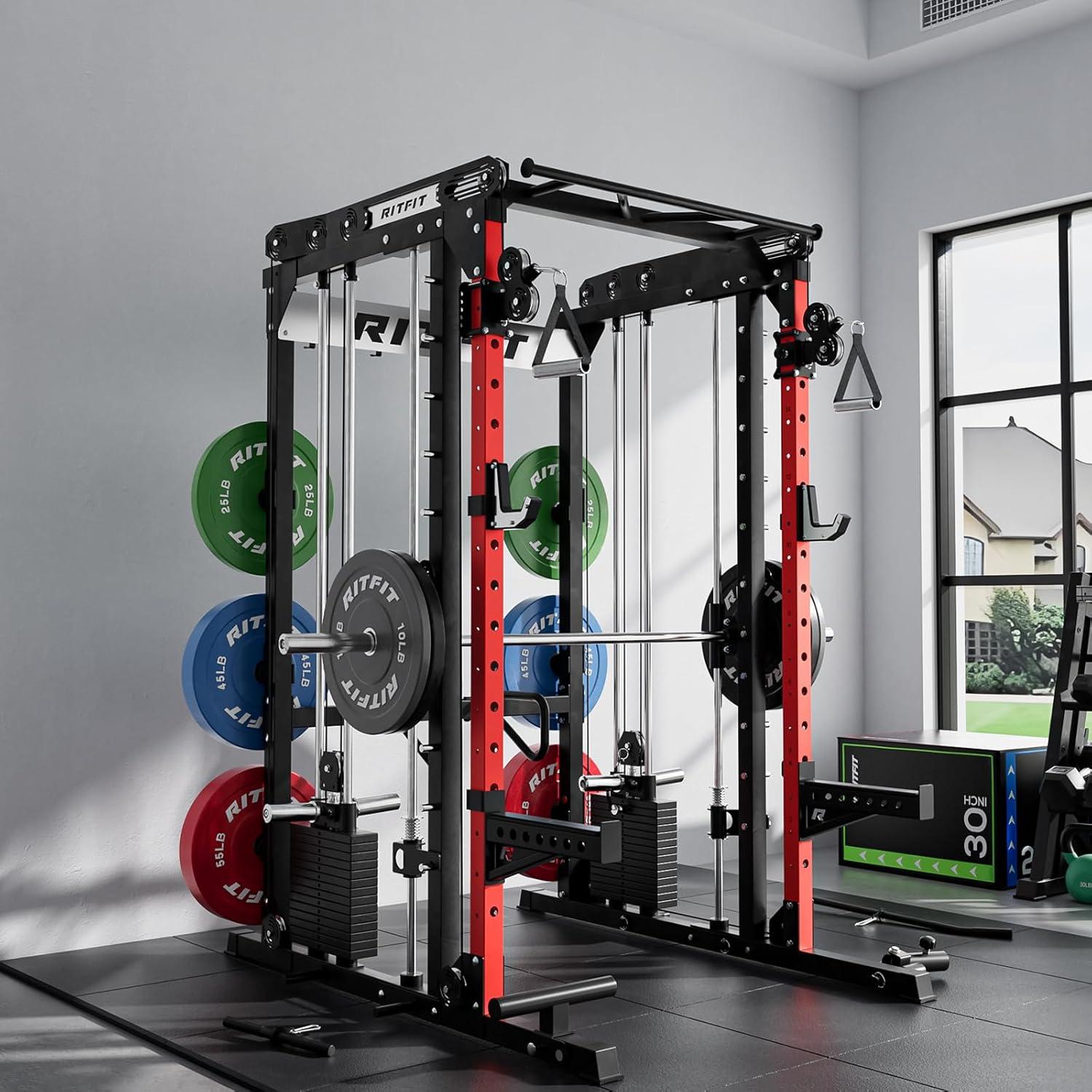 imageRitFit M2 Smith Machine with with Cable Crossover System 3D Functional Trainer amp Power Cage 16 Adjustment Holes 6 Storage Pegs for FullBody Home GymRED