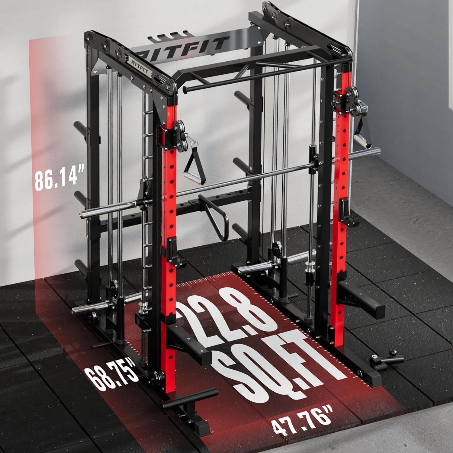imageRitFit M2 Smith Machine with with Cable Crossover System 3D Functional Trainer amp Power Cage 16 Adjustment Holes 6 Storage Pegs for FullBody Home GymRED