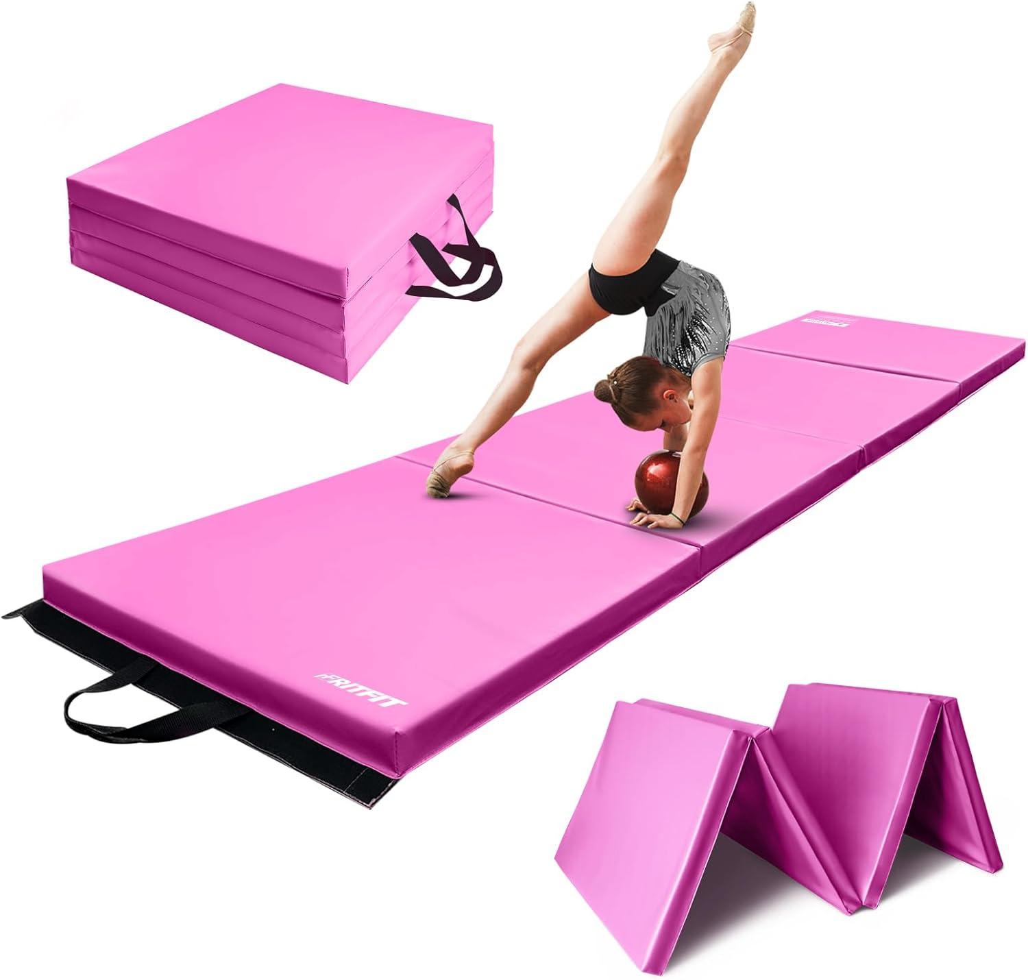 imageRitFit Upgraded Folding Exercise Mat 2 Inch Thick Gymnastics Mat 3x64x84x102x8 with Carrying Handles for Yoga MMA Stretching Core Workouts and Home Gym Protective FlooringPink2 x 8