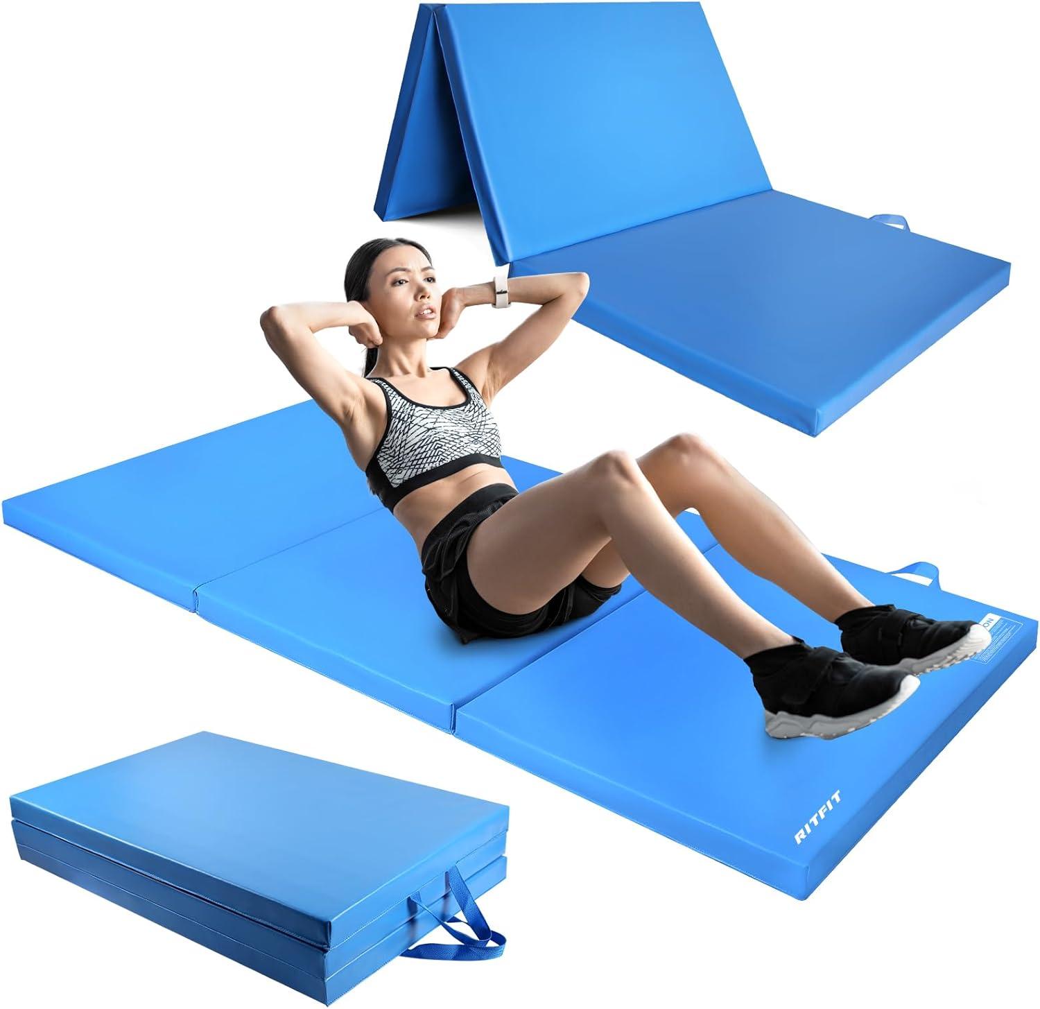 imageRitFit Upgraded Folding Exercise Mat 2 Inch Thick Gymnastics Mat 3x64x84x102x8 with Carrying Handles for Yoga MMA Stretching Core Workouts and Home Gym Protective FlooringBlue3 x 6