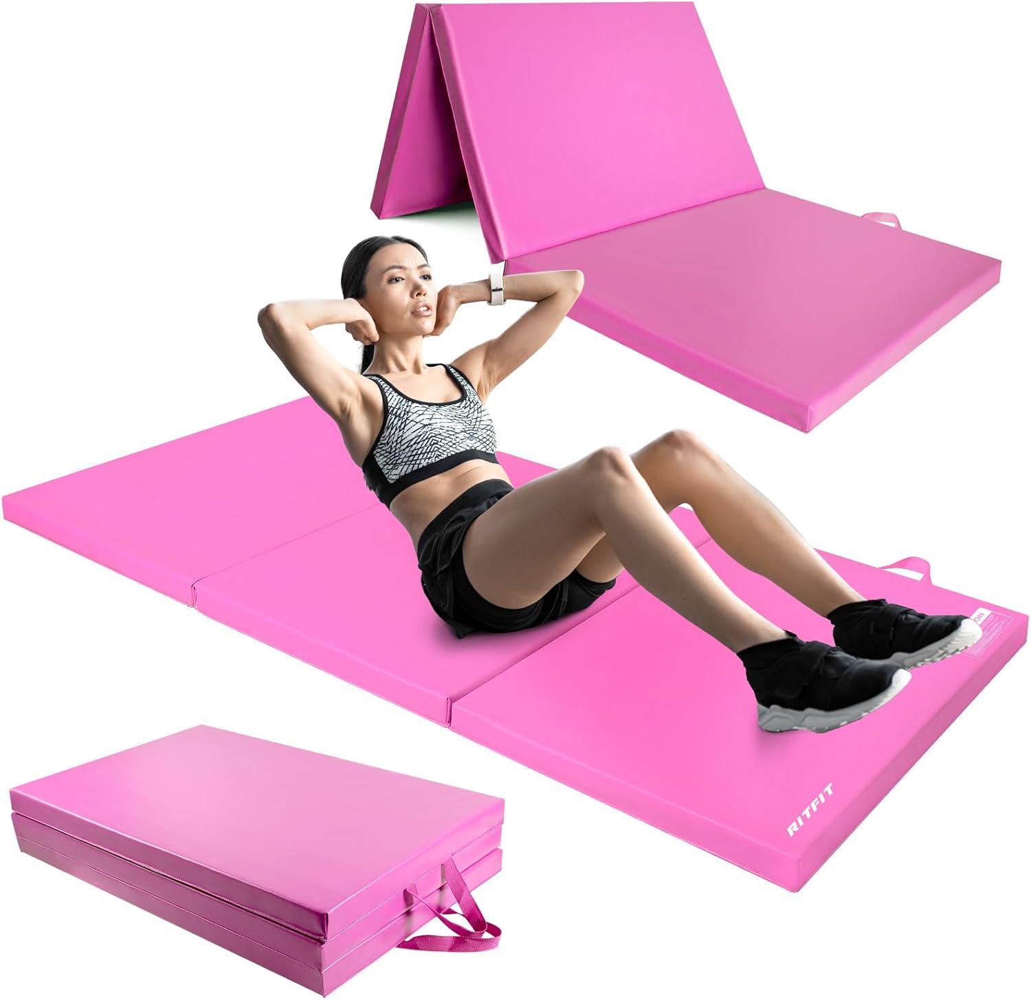 imageRitFit Upgraded Folding Exercise Mat 2 Inch Thick Gymnastics Mat 3x64x84x102x8 with Carrying Handles for Yoga MMA Stretching Core Workouts and Home Gym Protective FlooringPink3 x 6