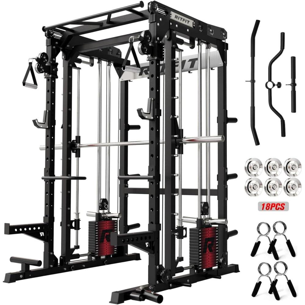 imageRitFit M2 Smith Machine with with Cable Crossover System 3D Functional Trainer amp Power Cage 16 Adjustment Holes 6 Storage Pegs for FullBody Home GymBLACK