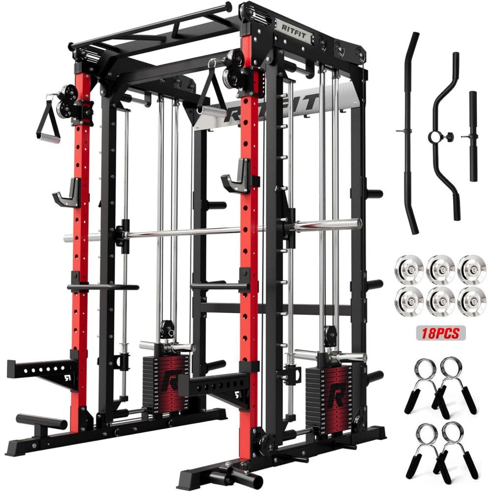 imageRitFit M2 Smith Machine with with Cable Crossover System 3D Functional Trainer amp Power Cage 16 Adjustment Holes 6 Storage Pegs for FullBody Home GymRED