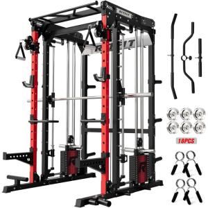 RitFit M2 Smith Machine with with Cable Crossover System, 3D Functional Trainer & Power Cage, 16 Adjustment Holes, 6 Storage Pegs for Full-Body Home Gym(RED)