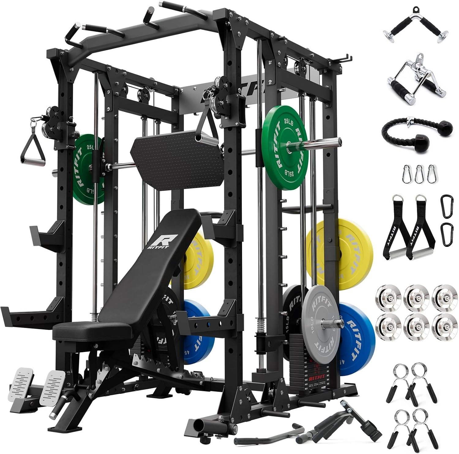 image:imageRitFit Buffalo Smith Machine Package AllinOne Power Cage with Weight Stack Power Rack with Cable Crossover amp Leg Press Attachment for Home GymBlack