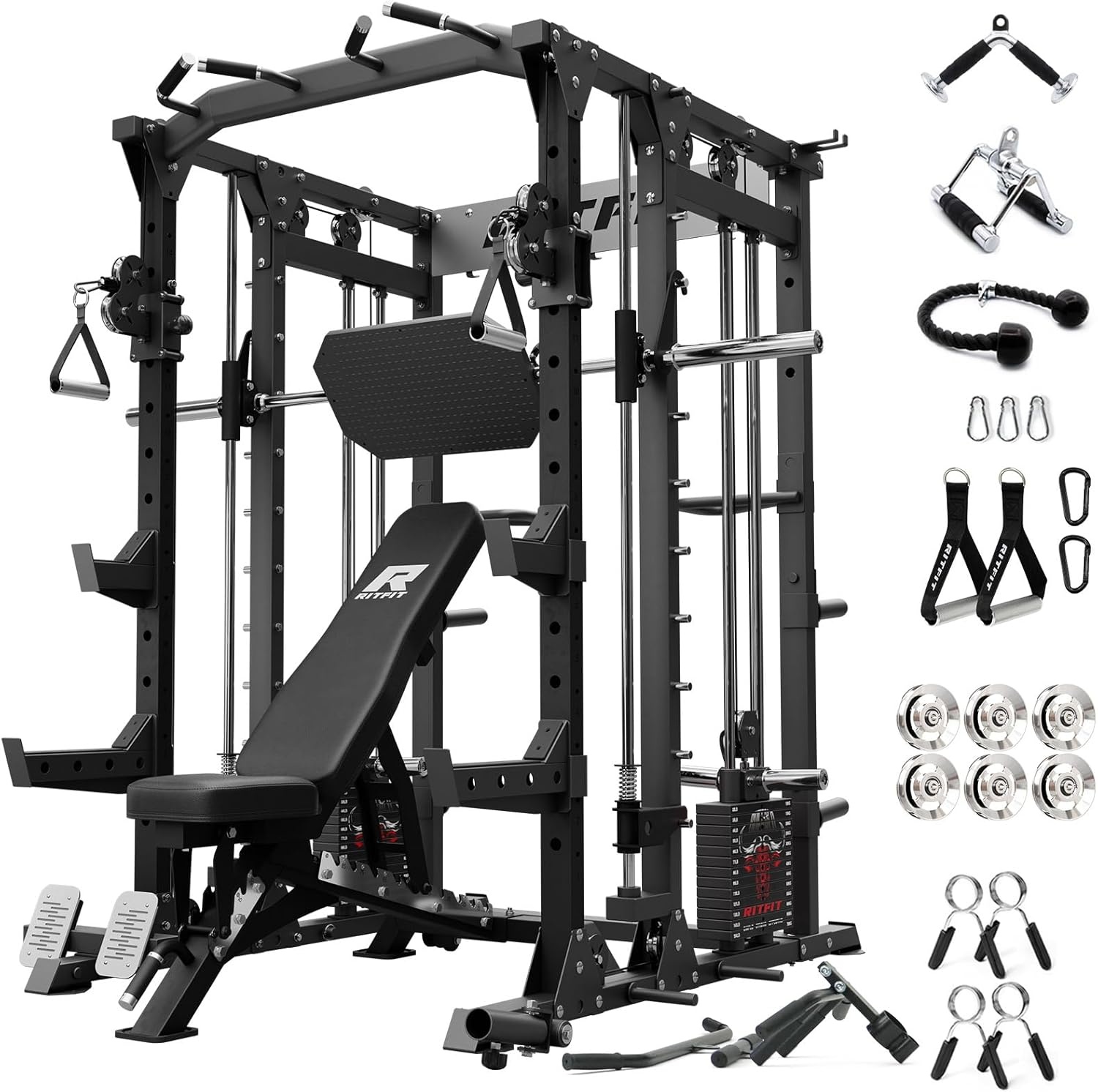 image:imageRitFit Buffalo Smith Machine Package AllinOne Power Cage with Weight Stack Power Rack with Cable Crossover amp Leg Press Attachment for Home GymBlack