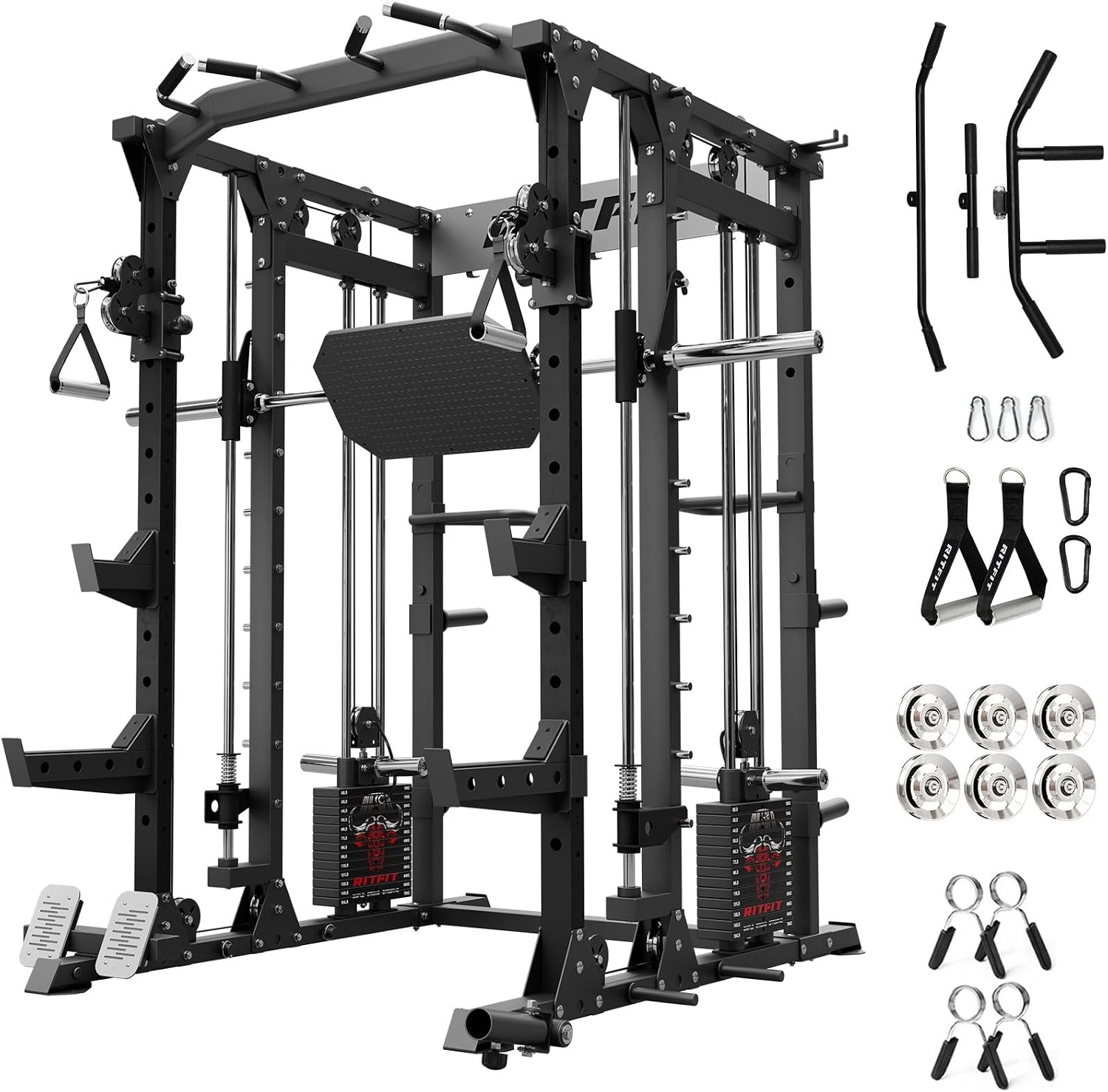 image:imageRitFit Buffalo Smith Machine Package AllinOne Power Cage with Weight Stack Power Rack with Cable Crossover amp Leg Press Attachment for Home GymBlack