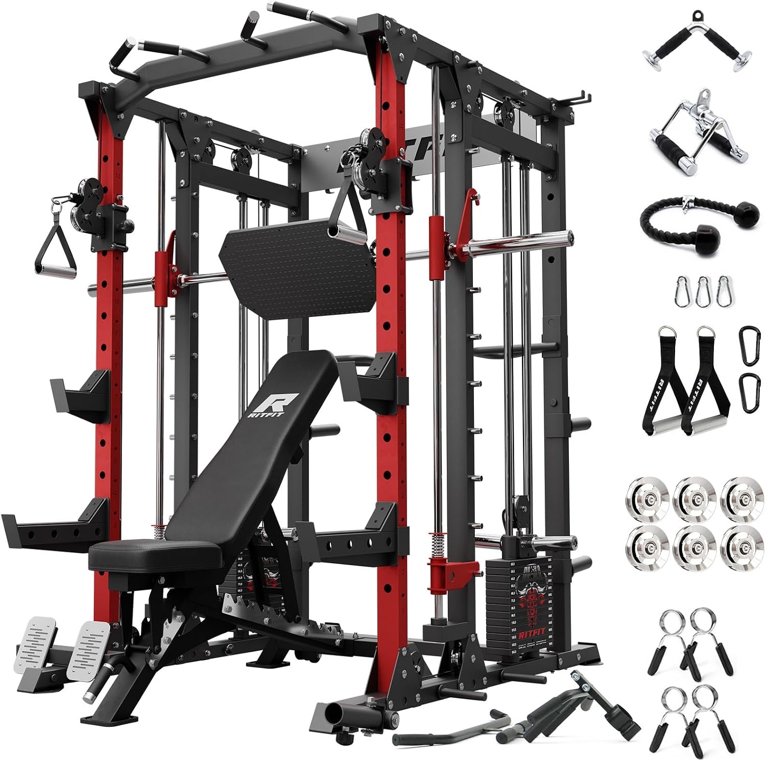 image:imageRitFit Buffalo Smith Machine Package AllinOne Power Cage with Weight Stack Power Rack with Cable Crossover amp Leg Press Attachment for Home GymRed