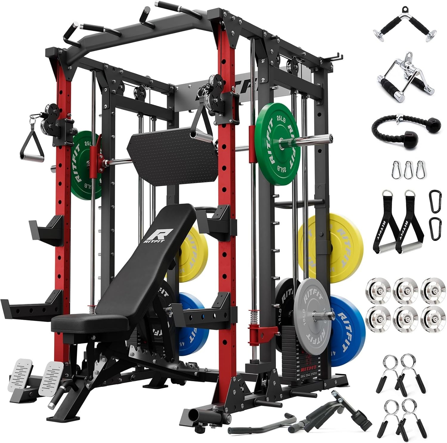 image:imageRitFit Buffalo Smith Machine Package AllinOne Power Cage with Weight Stack Power Rack with Cable Crossover amp Leg Press Attachment for Home GymRed