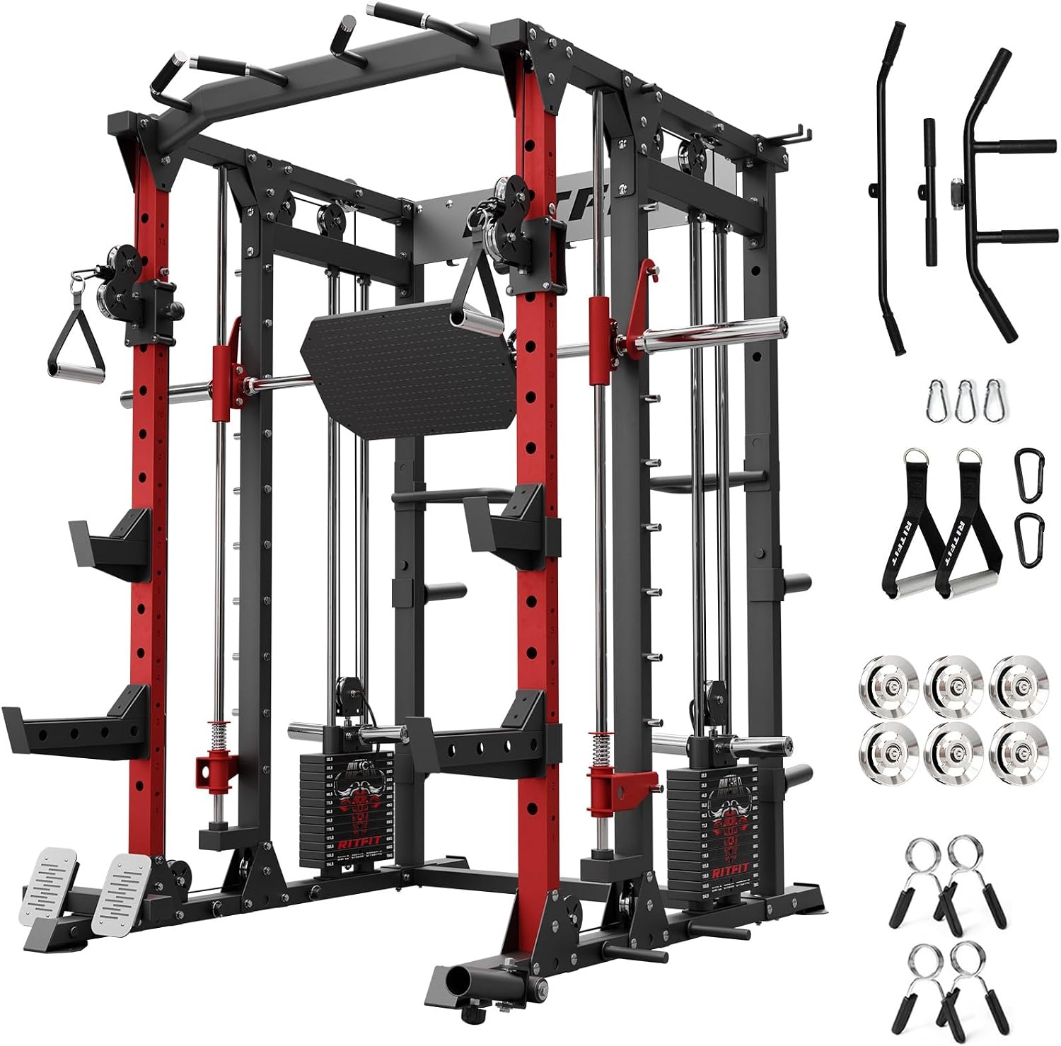 image:imageRitFit Buffalo Smith Machine Package AllinOne Power Cage with Weight Stack Power Rack with Cable Crossover amp Leg Press Attachment for Home GymRed