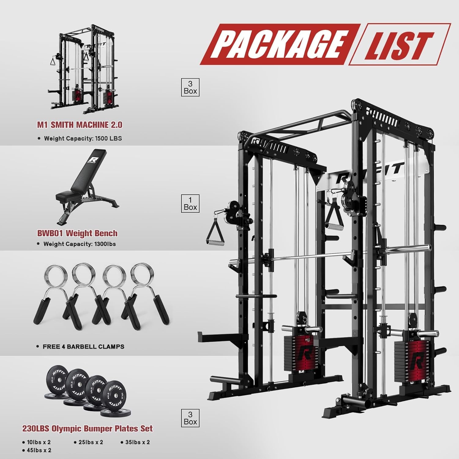 image:imageRitFit M1 Pro Smith Machine Package AllinOne Power Cage with Weight Stack Set Includes LAT Pulldown amp Cable Crossover System for Home GymBlack