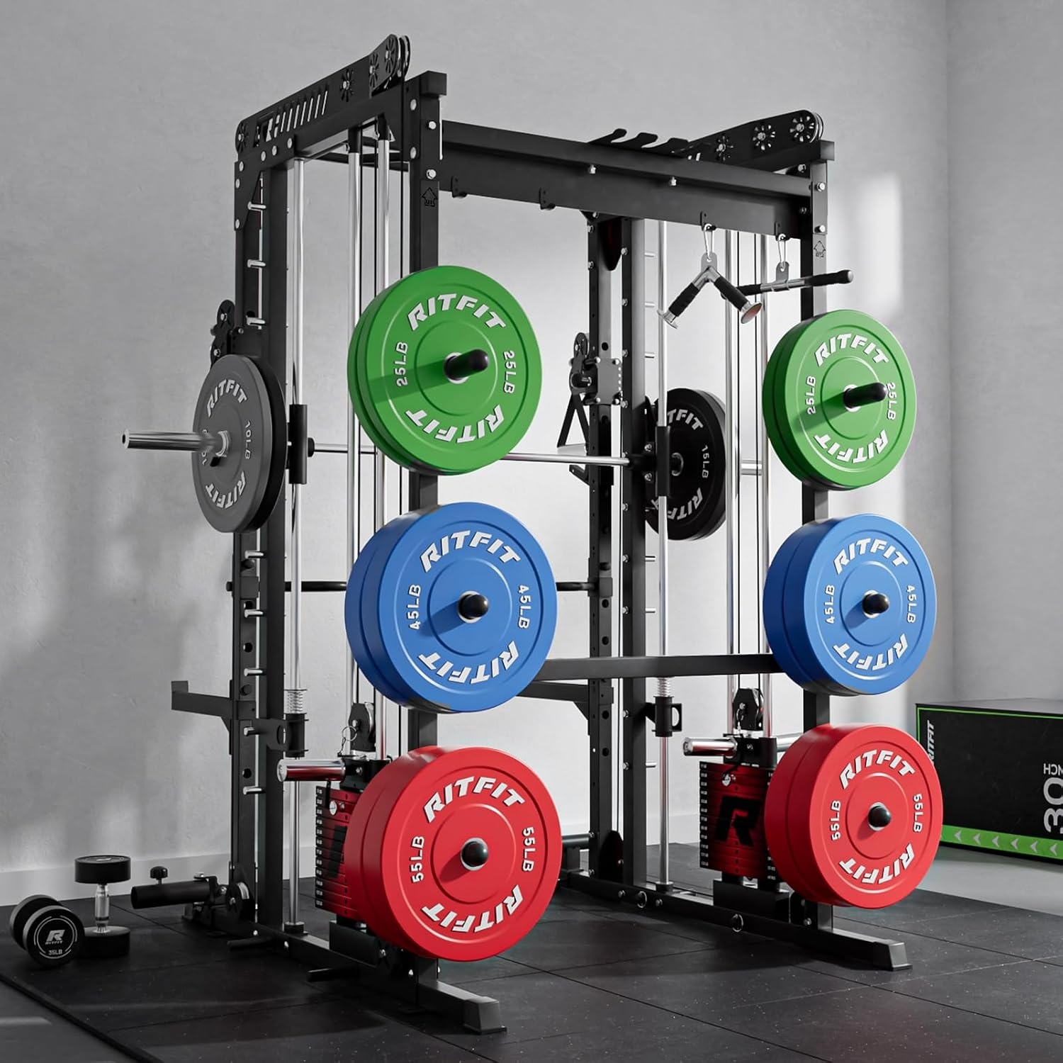 image:imageRitFit M1 Pro Smith Machine Package AllinOne Power Cage with Weight Stack Set Includes LAT Pulldown amp Cable Crossover System for Home GymBlack