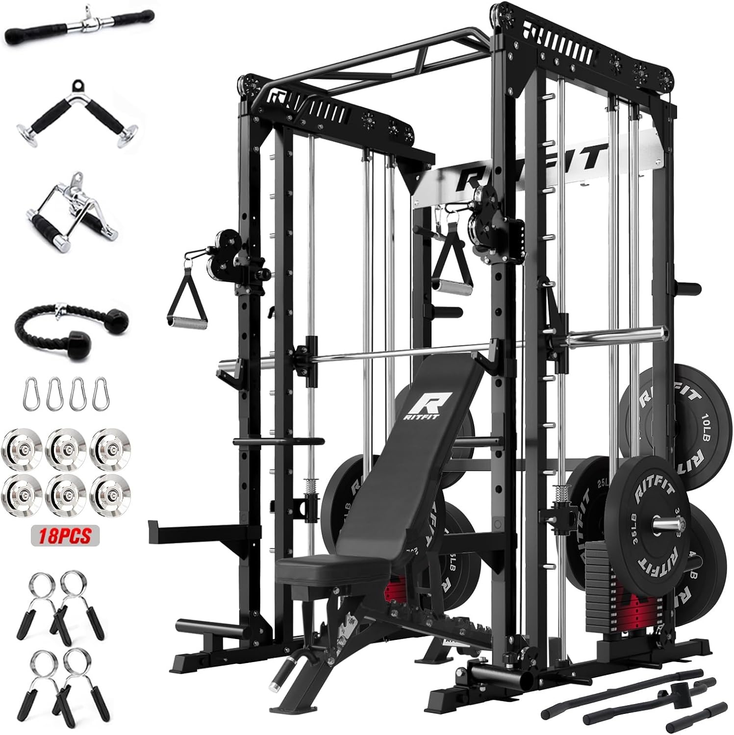 image:imageRitFit M1 Pro Smith Machine Package AllinOne Power Cage with Weight Stack Set Includes LAT Pulldown amp Cable Crossover System for Home GymBlack